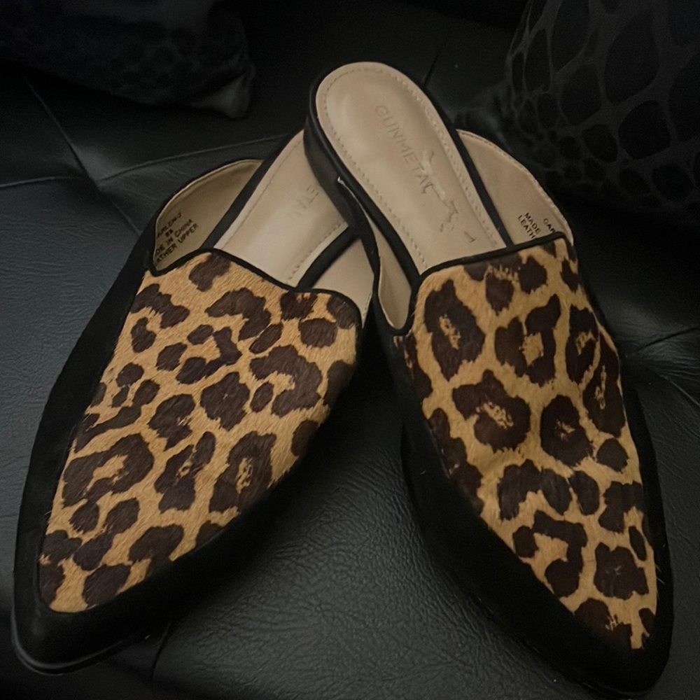 Gunmetal Genuine Fur Leopard Print Slip On Flats